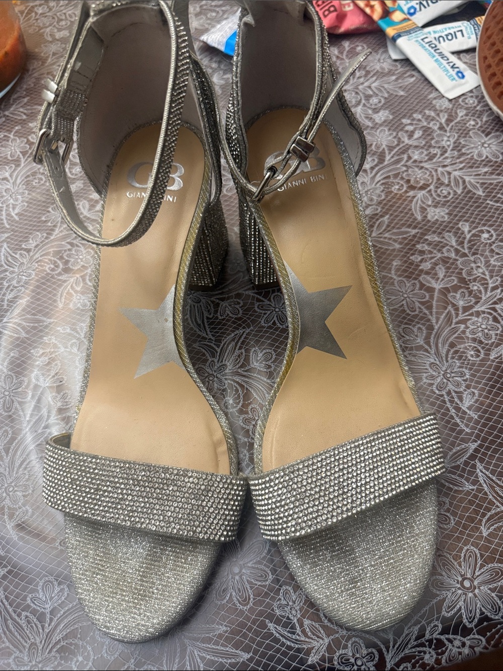 Gianni Bini Silver Crystal Block Heel Sandals